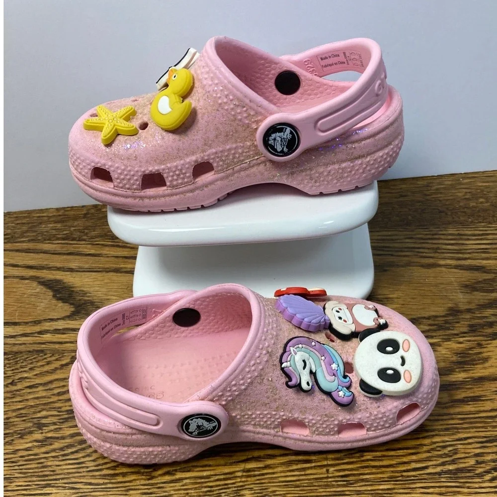 Crocs Toddler Classic Clog Pink Glitter Charms Panda Unicorn Size C7 206992-6SW